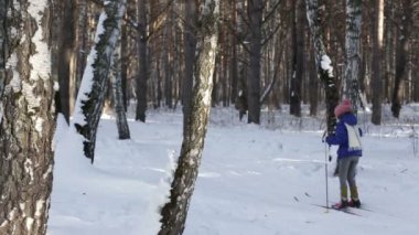 Tyumen, Rusya - 24 Şubat 2016: Genç kız kayakçı ve genç bir çift Kış ormandaki sprint klasik tarzda.