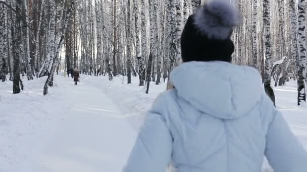 Primo piano di una giovane ragazza che passeggia nel parco nella foresta invernale. Un colpo dalla schiena in movimento — Video Stock