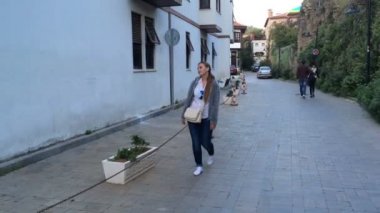 Genç bir kadın onun omuz çantalı eski Avrupa cadde boyunca gece karanlığında yürür.