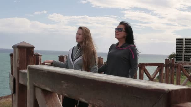 Dos niñas felices de pie en un terraplén puente en la playa y mirando hacia adelante delante de él — Vídeos de Stock