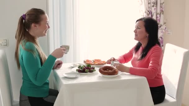 Twee jonge vrouwen praten over koffie. Ontbijt twee jonge vrouw. Jonge vrouw koffie drinken en praten. Een gesprek tussen twee jonge vrouw bij het ontbijt. — Stockvideo