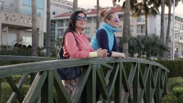 Две красивые женщины стоят на мосту в парке и разговаривают, глядя прямо перед собой. — стоковое видео