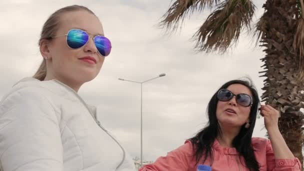 Dos amigas con gafas de sol hablando en el banquillo . — Vídeos de Stock