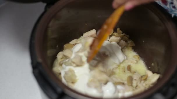 Mão feminina misturando comida em uma panela — Vídeo de Stock