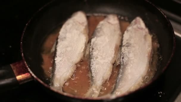 Fish is being fried on the frying pan. Close Up. — Stock Footage Fish is being fried on the frying pan. Close Up. Royalty Free Stock Footage