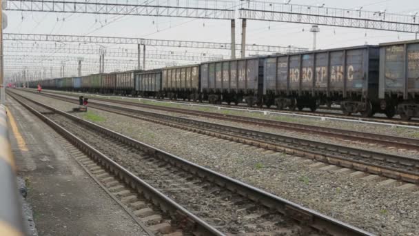 Pociąg towarowy podróży na torach kolejowych — Wideo stockowe