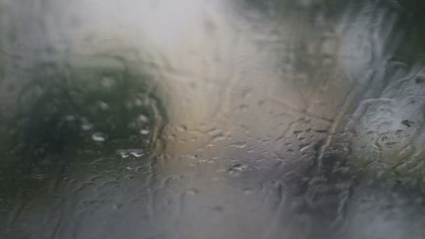 Gotas de lluvia sobre vidrio, en la calle la lluvia — Vídeo de stock