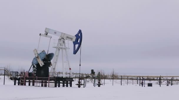 Olja och gas industri. arbete för olja pump jack på ett oljefält. — Stockvideo