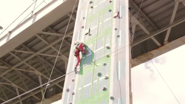 Little girl climbing rock wall while climbing competition — Stock Video