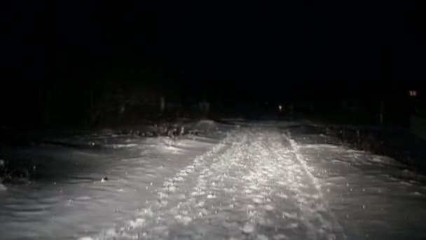 車は冬の夜の道に行きます。人々 は行きます。車の窓の正面図. — ストック動画
