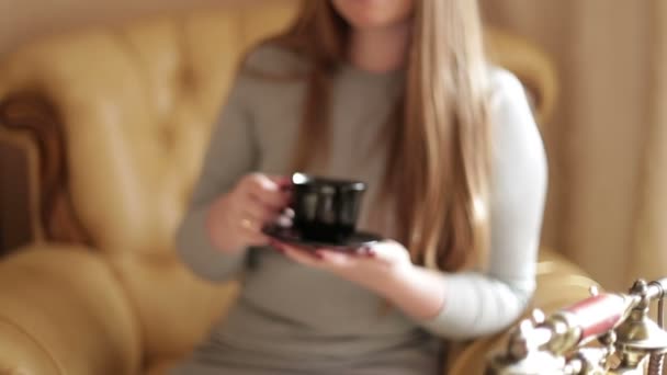 Retrato de una atractiva joven sentada en el sofá de la casa de la familia sala de estar, bebiendo café fresco, sonriendo. Bienestar de la vida . — Vídeos de Stock