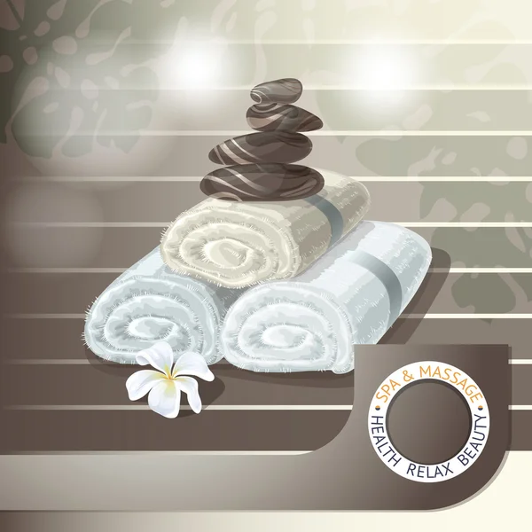 Ilustração vetorial com acessórios de spa pedras, toalhas e flores brancas . — Vetor de Stock