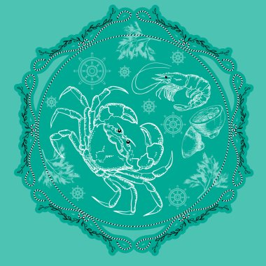 Siluet yengeç, karides limon ve dereotu ile Vektör deniz ürünleri etiket