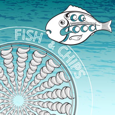 Akuamarin arka planda Balık ve Cips.