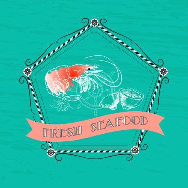 Karides silueti ile Vektör deniz ürünleri etiketi, deniz aksesuarı