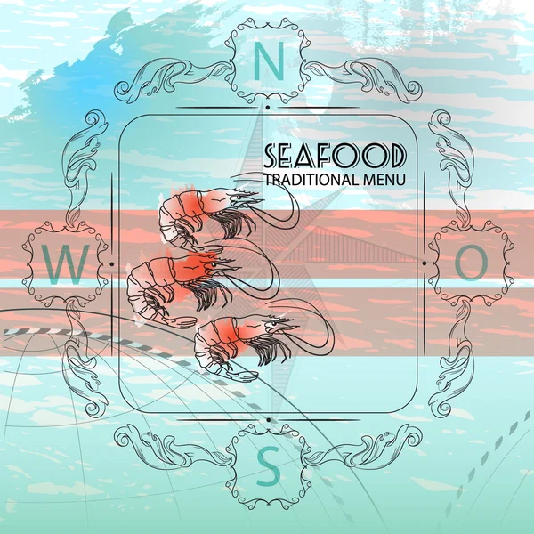 Vector seafood label with shrimps silhouette and nautical accses — Stock Vector