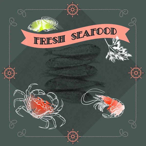 Vektor-Etikett mit Meeresfrüchten Silhouette Krabben, Garnelen, Fisch, Zitrone — Stockvektor