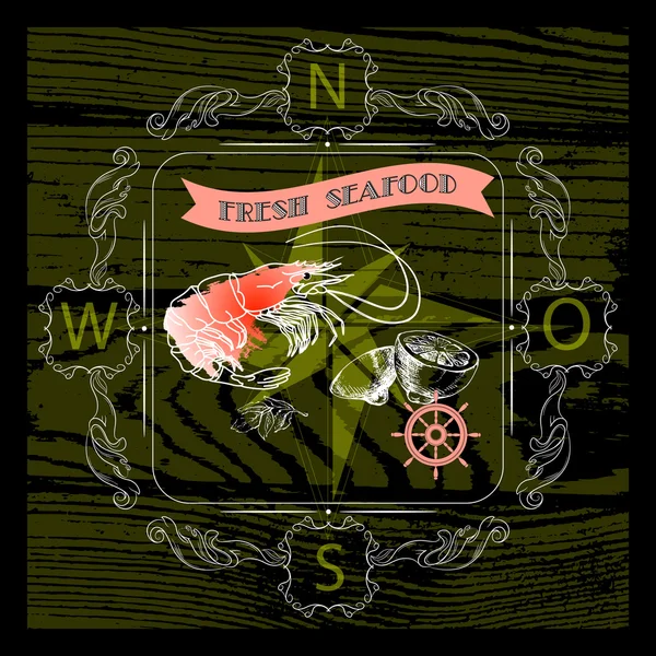 Vector Seafood label met garnalen silhouet, nautische accsessor — Stockvector