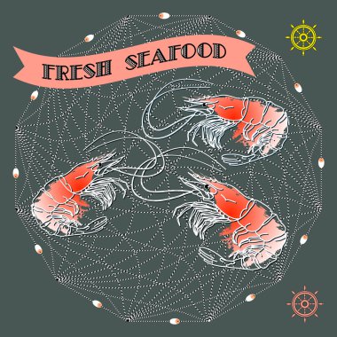 Siluet karides, dümen, ip, net bir vektör illüstrasyon