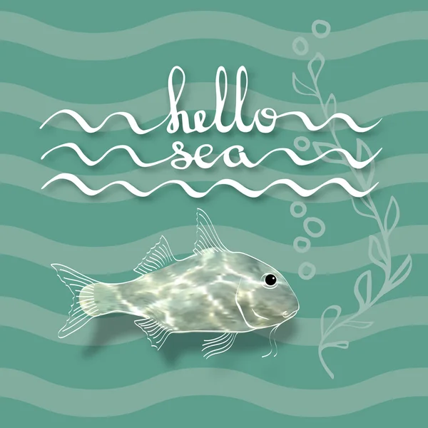 Hola Sea. Letras manuscritas y peces . — Vector de stock