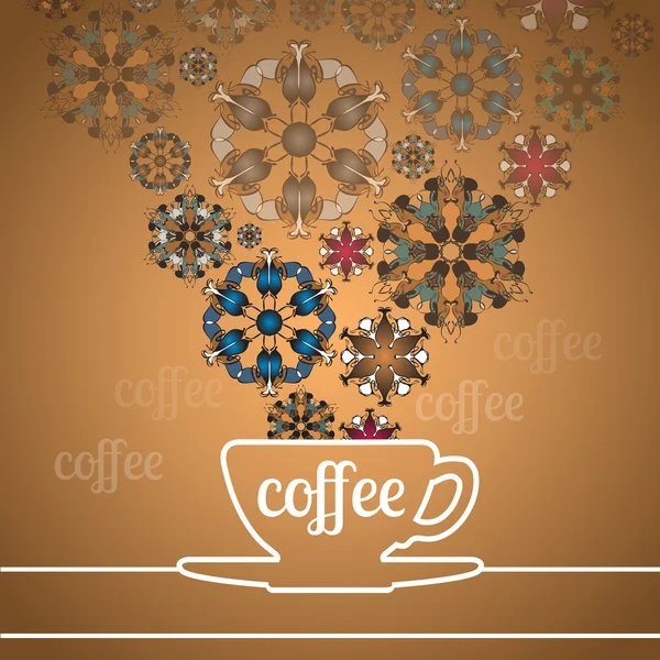 Taza de café y flores abstractas sobre fondo dorado . — Vector de stock