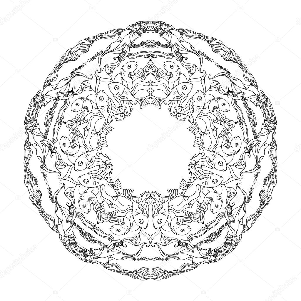 Mandala da colorare con i pesci e alga — Vettoriale Stock