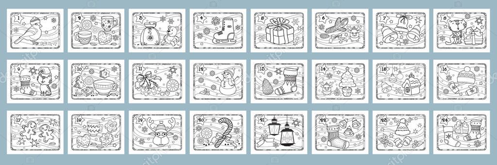 Christmas advent calendar. Set of coloring pages for kids. Vector.