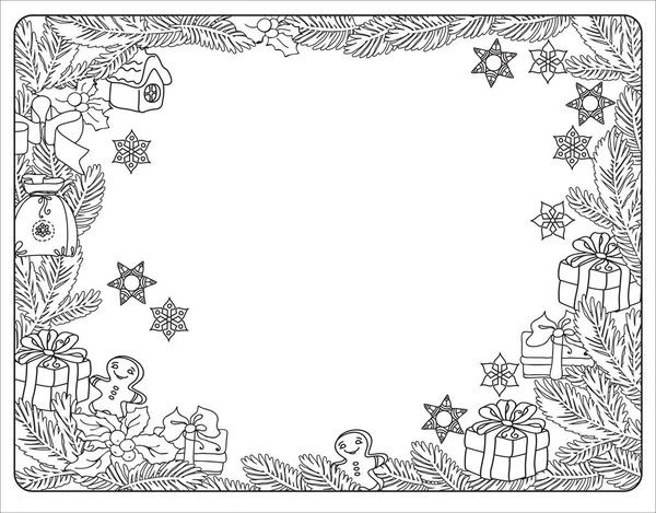 Coloriage avec cadre de vacances d'hiver. Symboles de Noël drôles. Illustration de Vecto. — Image vectorielle