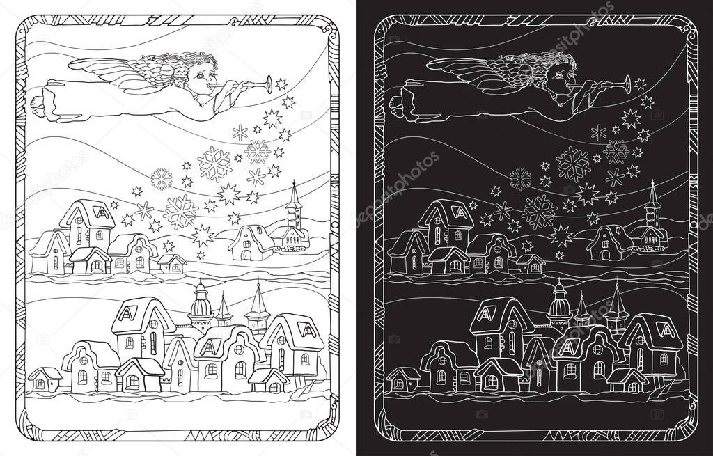 Coloring Page with Christmas town and magic angel. Vector illustration.