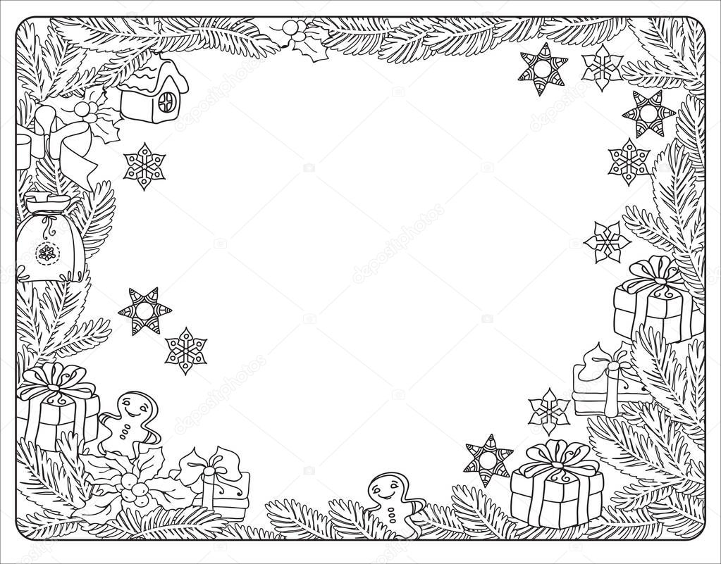 Coloring Page with winter holidays frame. Funny Christmas symbols. Vecto illustration.