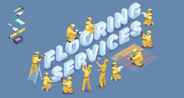 Szavak padló szolgáltatások. A munkások izometrikus betűket telepítenek. Vektorillusztráció. — Stock Vector