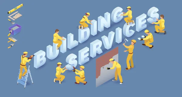 Equipo de Constructores, personas y palabras Building Services. Vector 3d — Archivo Imágenes Vectoriales