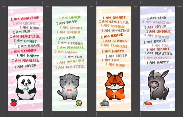 Set de signets avec animal mignon et affirmations pour les enfants. Vecteur. — Image vectorielle