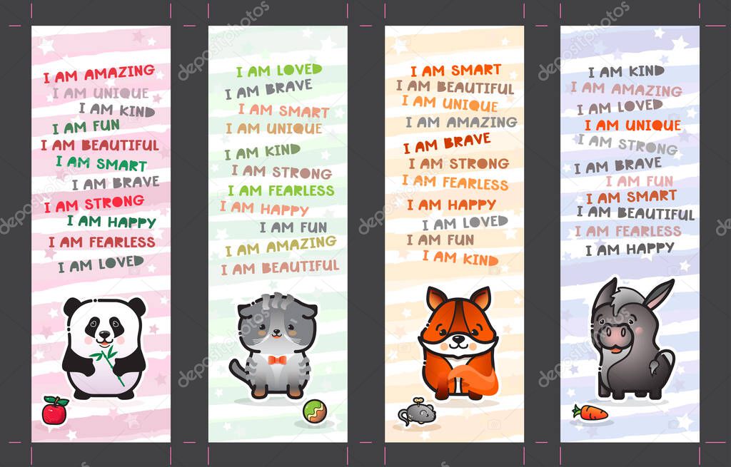 Bookmark set with cute animal and affirmations for kids. Vector.