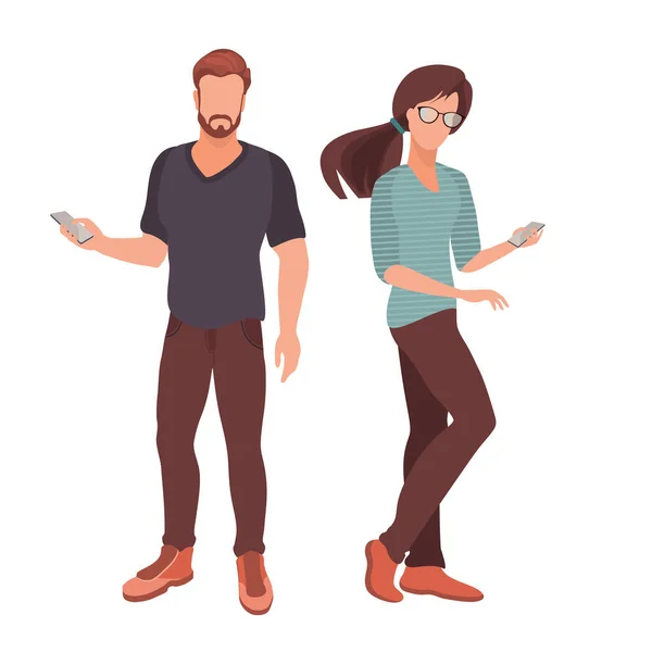 Homem e mulher usando aparelhos móveis, smartphone. Conversando, Blogging. Vetor. — Vetor de Stock