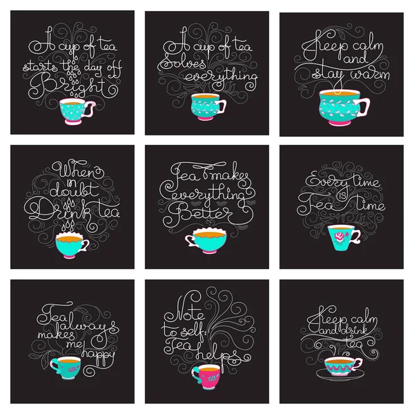 Tea time. Set of Hand drawn typography cards. Circle shape. White line lettering with colorful cups isolated on black. Vector illustration. Tea quote for logo, invitations, blog or shop promotion. — Stock Vector