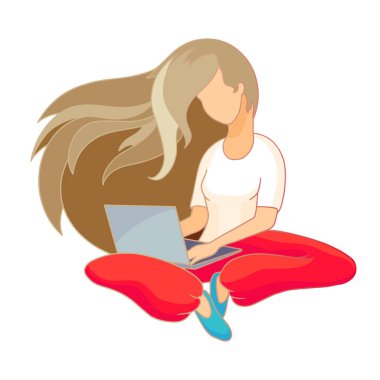 Bilgisayarlı genç bir kadın. Evden çalışıyorum. Düz Vektör İllüstrasyonu.