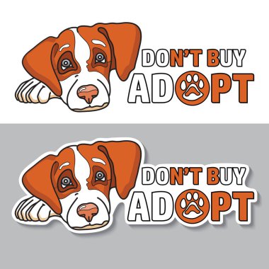 Satın alma, evlat edinme. Evlat edinme köpek çıkartması. Evcil hayvan ve mesaj. Vektör.