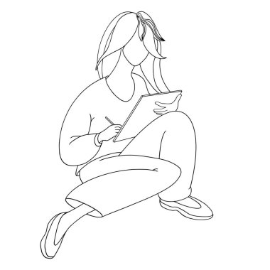 Genç kız tablet üzerinde oturuyor ve resim çiziyor. Vektör doğrusal İllüstrasyonu.