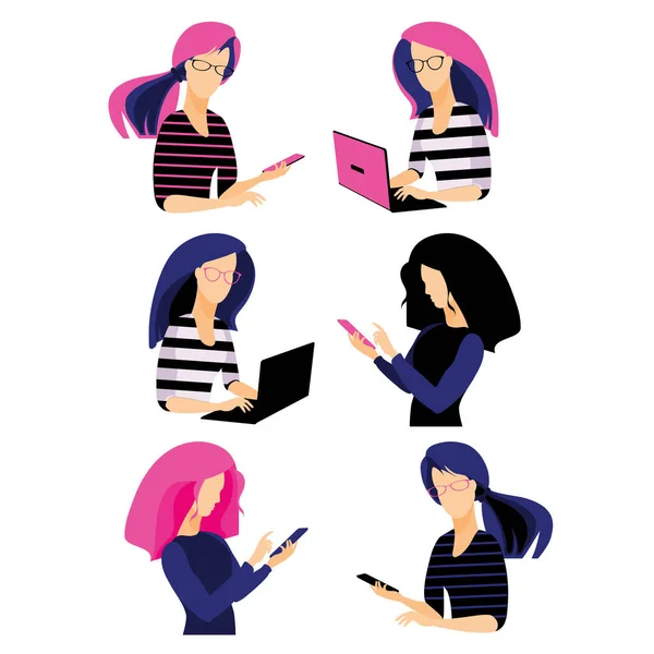Giovani donne in possesso di gadget digitali. Icone della gente. vettore del fumetto piatto. — Vettoriale Stock