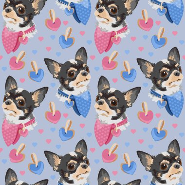 Köpek yavrusu Chihuahua 'nın kusursuz deseni. Evcil hayvan kafası. Vektör düz arkaplan.