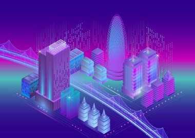 Parlayan binaları olan Isome akıllı şehri. Neon köprüler ve dijital şebeke hatları. Fütürist ufuk çizgisi ve ortam ışığı. Kentsel teknoloji, yenilik ve akıllı altyapı için stilize edilmiş vektör.