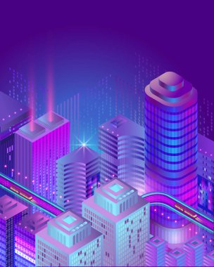 Isome akıllı şehir silueti. Parlak gökdelenler. Yaratıcı modern mimari. Kıvrımlı cephe. Çatıdaki yapılar. Neon ışıkları. Yüksek raylı taşıma. Soyut dijital görselleştirme. Mimari tasarım. Gelecekçi ortam..