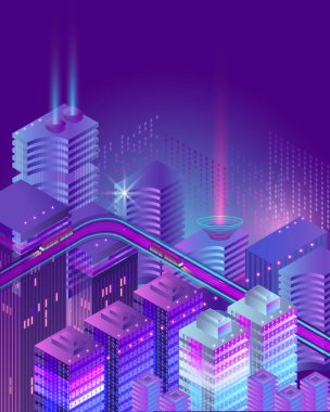 Parlak gökdelenleri, yaratıcı cepheleri, monoray yolu ve yenilikleri, bağlantılılığı ve akıllı şehir tasarımını sembolize eden soyut dijital unsurları olan Isometric gelecekçi şehir manzarası..