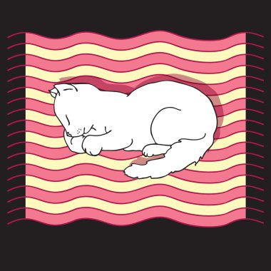 illustration with sleeping cat on a striped mat.
