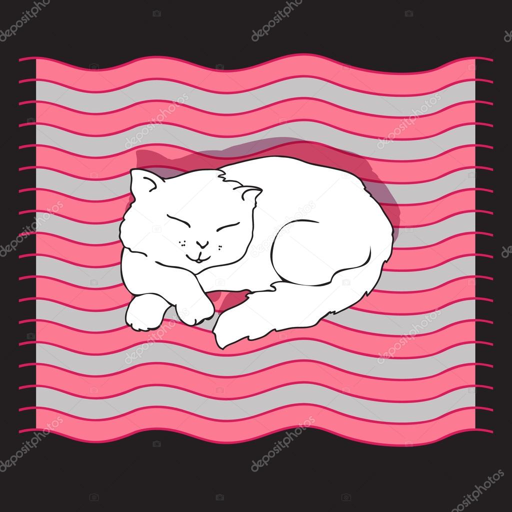 Vector illustration with sleeping cat on a striped mat.
