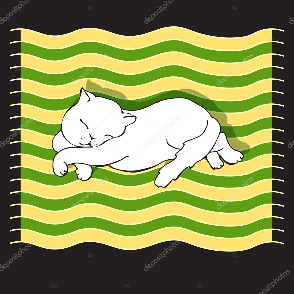Vector illustration with  sleeping cat on a striped mat.