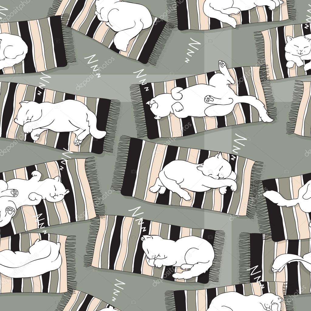 Vector seamless pattern with cute white sleeping cat on a stripe