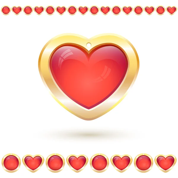 Vektor illustration med genomskinligt rött hjärta i gyllene ram — Stock vektor