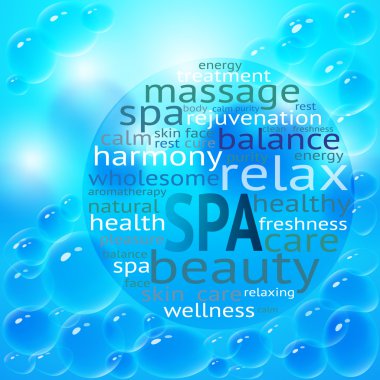 Şeffaf kabarcıklar ve spa Tema sözleriyle şekli daire.